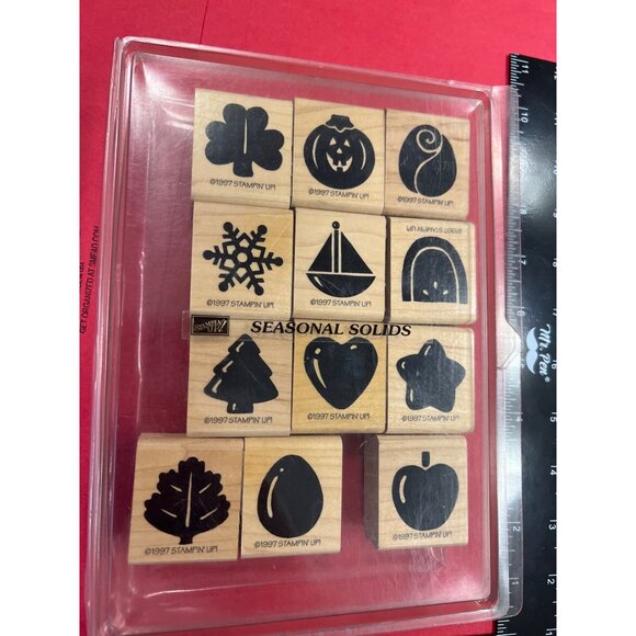 Vintage 1997 Stampin Up! Seasonal Solids Wood Mounted Rubber Stamp Set Of 12 - Picture 2 of 3